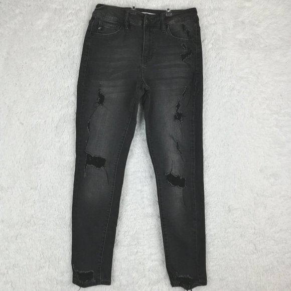 Kancan‎ Womens Jeans Skinny Denim Washed Black Ripped Destroyed Stretch High 24 - Picture 1 of 12